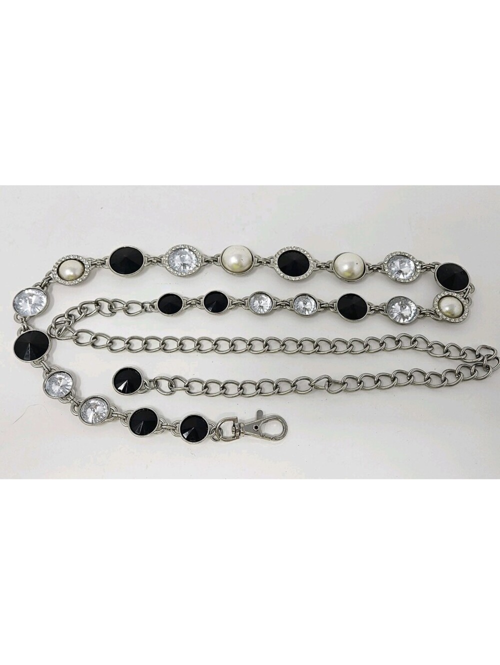 Vintage Y2K Chain Belt Faux Pearl Crystal Black Cabochon Silver Tone Western